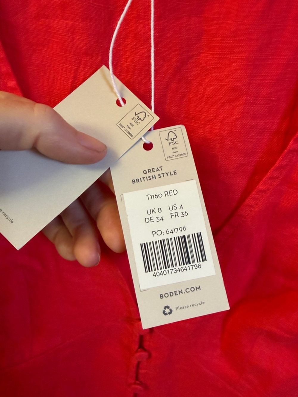 Boden Linen Coral-Red Puff-Sleeve V-Neck Button-Front Top - Picture 7 of 10